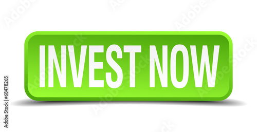 Obraz na plátně invest now green 3d realistic square isolated button