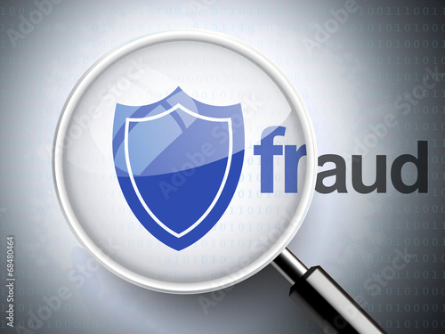 magnifying glass with shield icon and fraud word