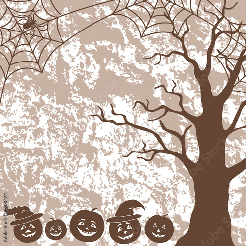 Halloween landscape, pumpkins, tree and spider