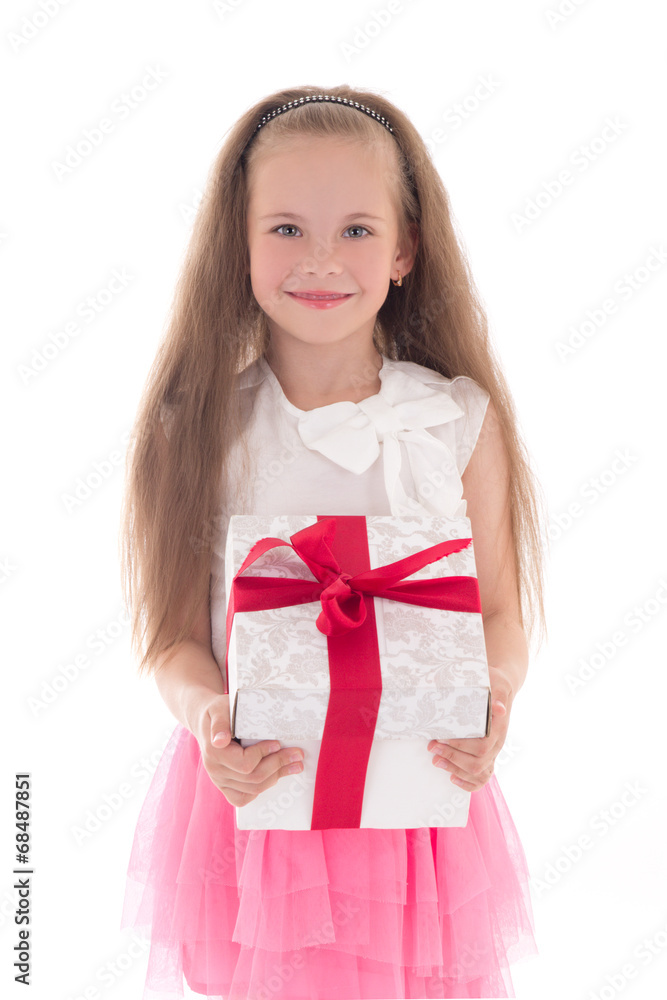 beautiful little girl with gift box isolated on white beautiful little girl with gift box isolated on white