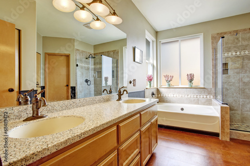 Bathroom interior with granite top cabinet