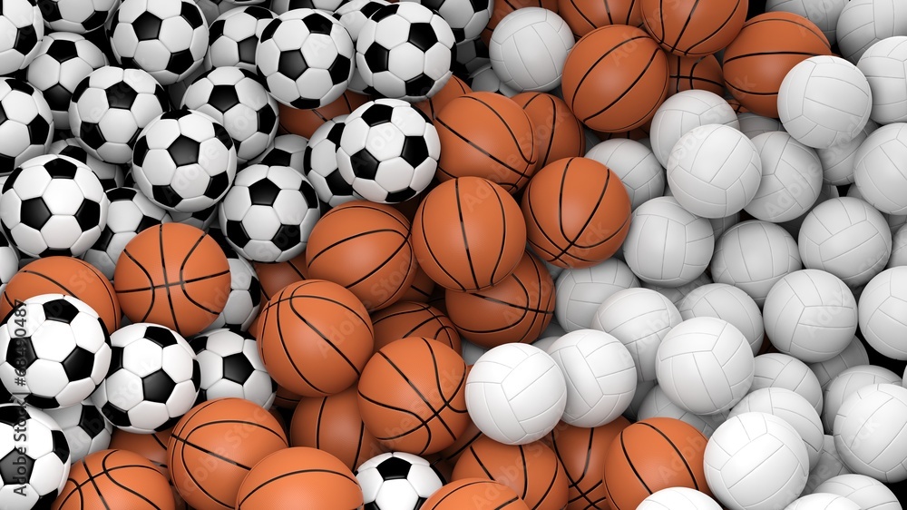 Naklejka premium Volleyball, basketball and soccer balls piled