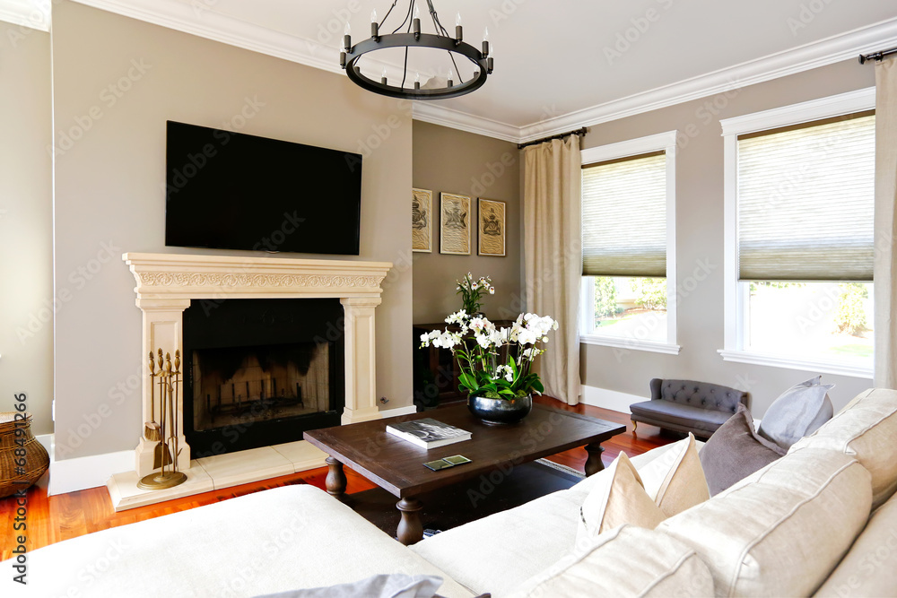 Fototapeta premium Bright luxury living room with fireplace and tv