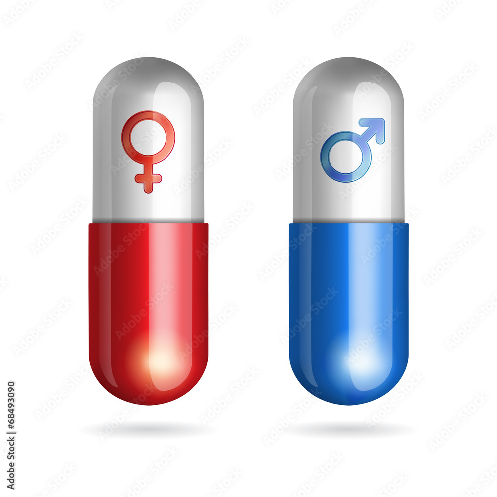 Blue and red pills with male female symbols Blue and red pills with male female symbols