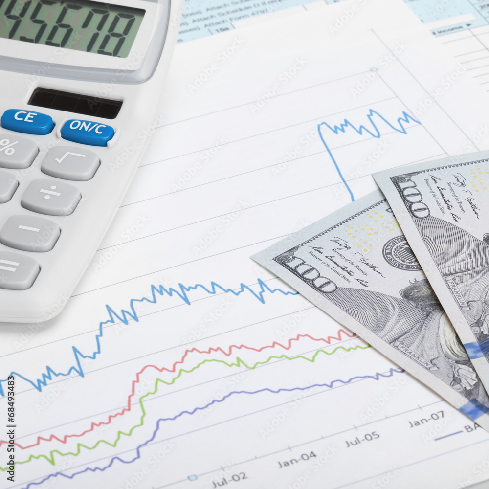 Graph with 100 dollars banknote and calculator - 1 to 1 ratio Graph with 100 dollars banknote and calculator - 1 to 1 ratio