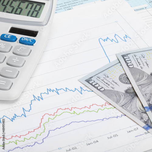 Graph with 100 dollars banknote and calculator - 1 to 1 ratio