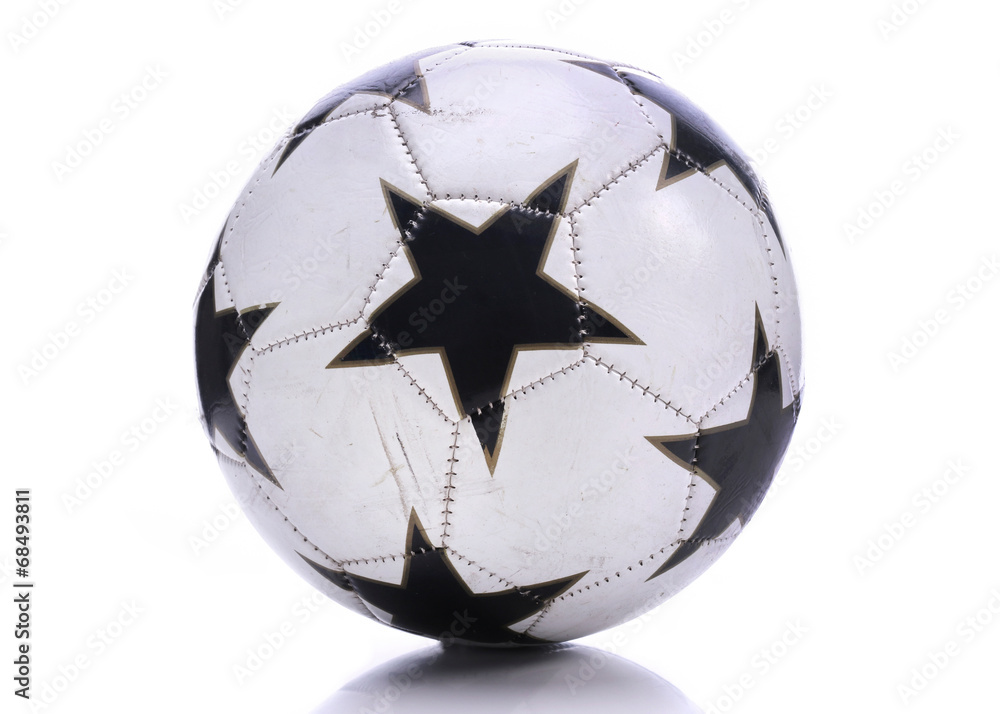 Old soccer ball on white - obrazy, fototapety, plakaty 