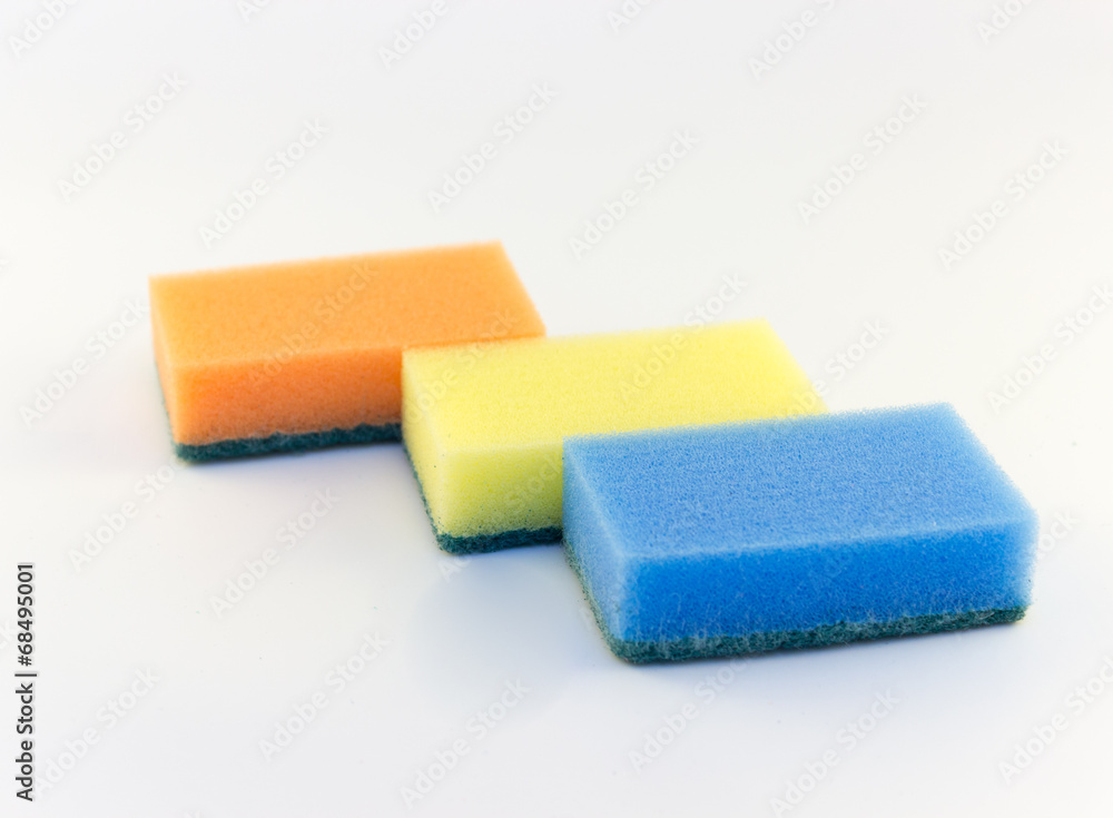 Three sponges for washing dishes on white background horizontal Three sponges for washing dishes on white background horizontal