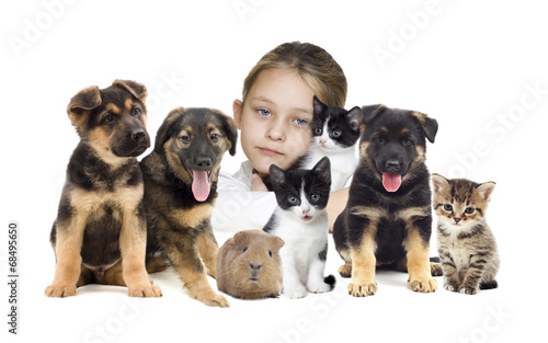 child and puppies and kittens