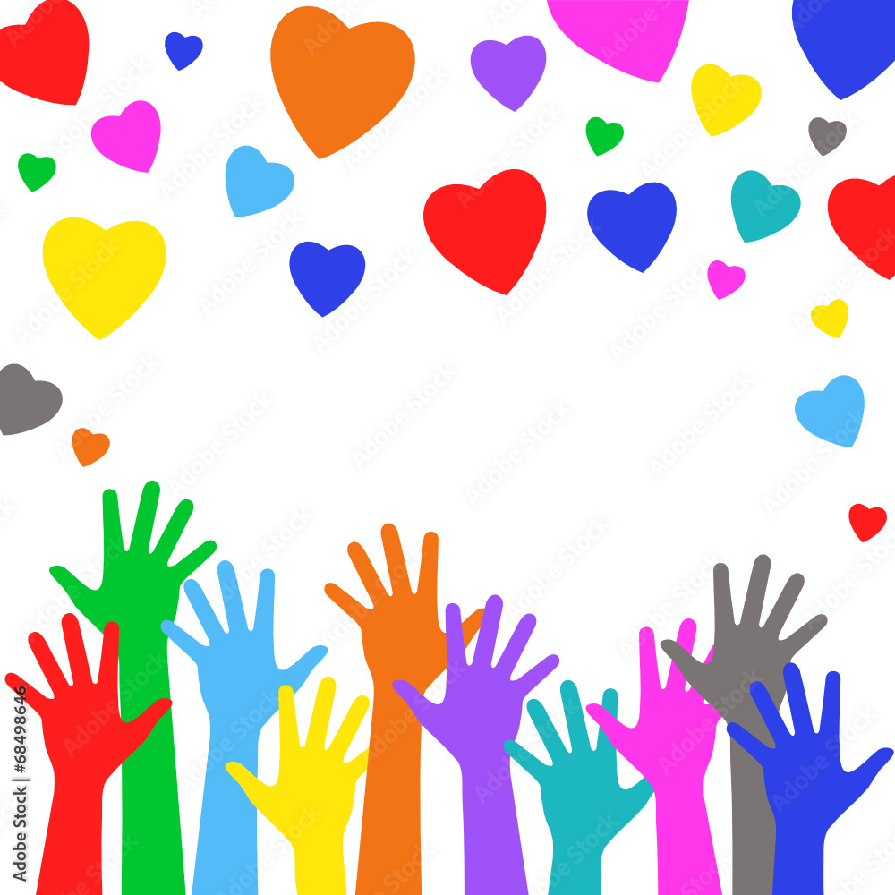 Fototapeta premium Multicolored hands and happy hearts