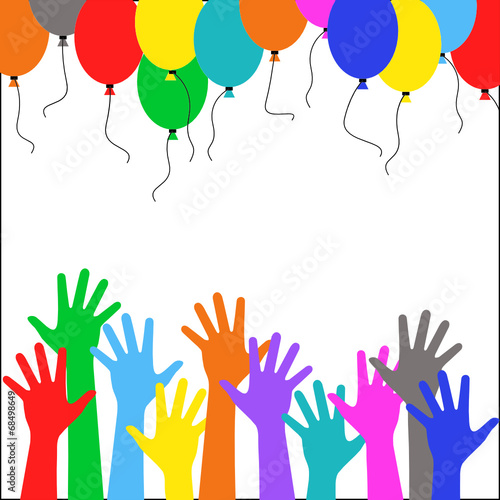 Multicolored hand people run multicolored balloons - festival