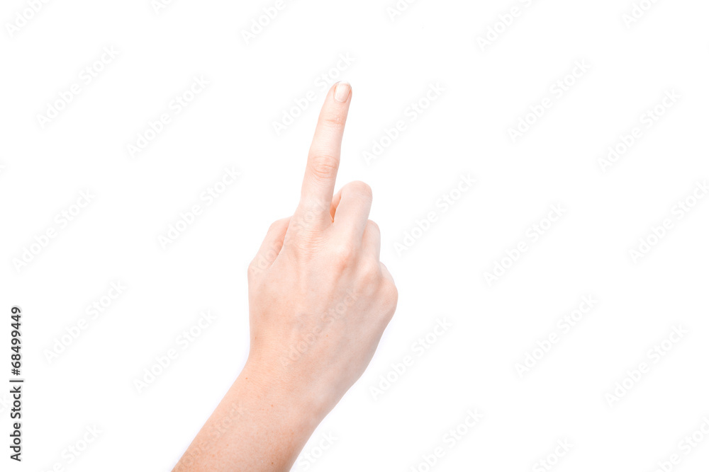 Female hand showing gesture on an isolated white background Female hand showing gesture on an isolated white background