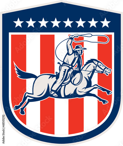 American Rodeo Cowboy Horse Lasso Shield Retro