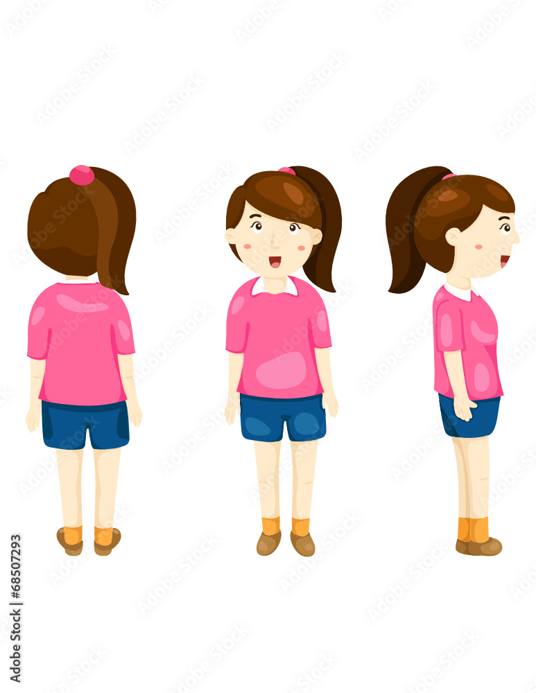 cute girl posing back, front and side view cute girl posing back, front and side view
