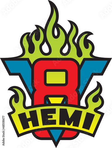 V8 Hemi engine emblem with flames and grunge option photo