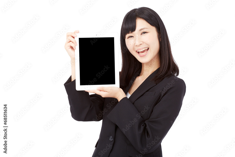 タブレット見せて笑うビジネスウーマン タブレット見せて笑うビジネスウーマン