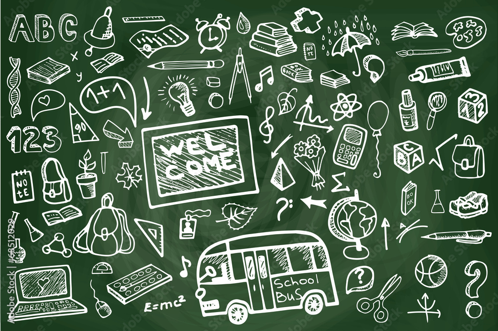 Back to School Supplies Sketchy chalkboard Doodles.Horizontal Back to School Supplies Sketchy chalkboard Doodles.Horizontal