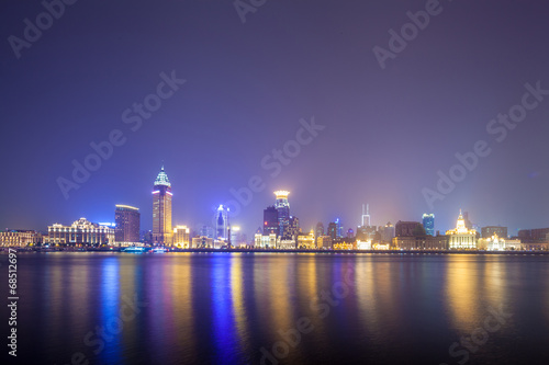 Shanghai historic architecture panorama at night lit by lights