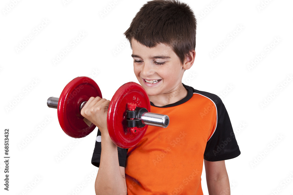 Obraz premium boy doing gymnastics with weights on white background