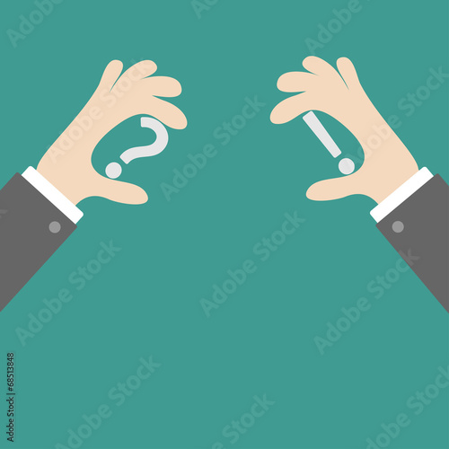 Businessman hands holding grey question exclamation marks Flat 