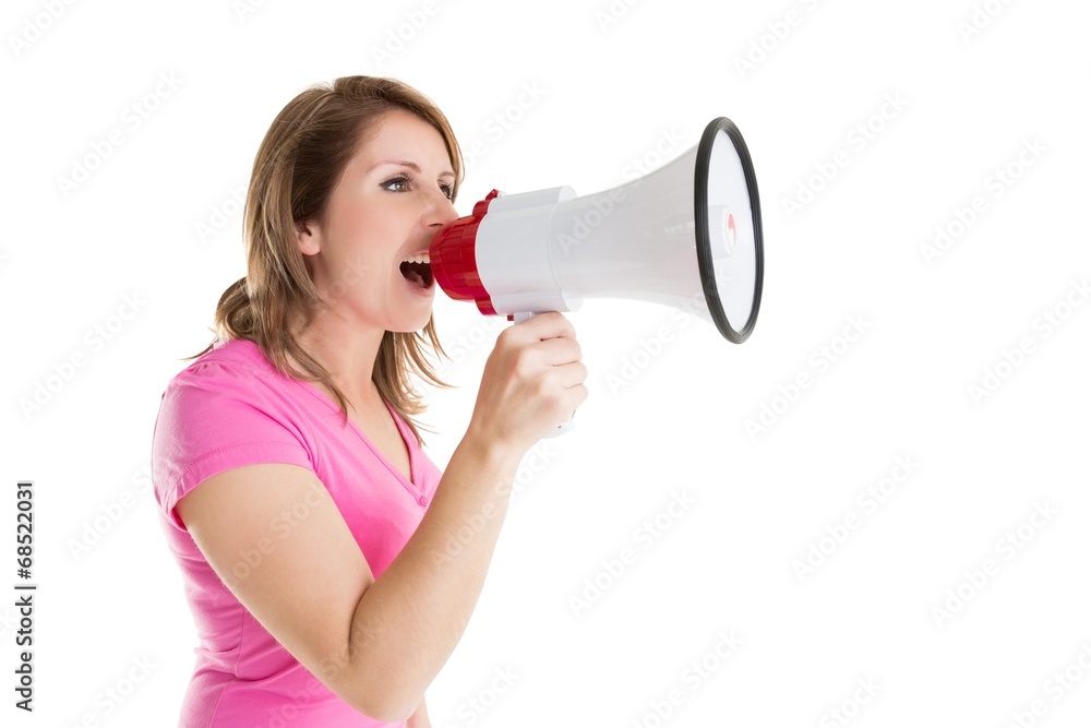 Side view of woman shouting into bullhorn Side view of woman shouting into bullhorn