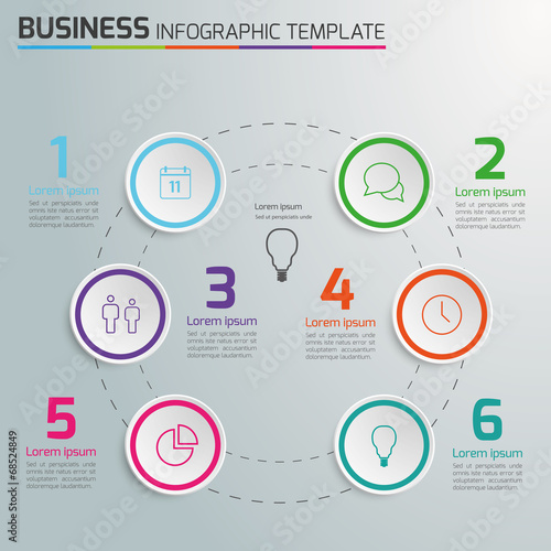 Light info graphic timeline template with icons, circle 6 steps,