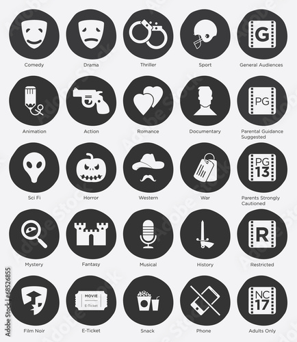 Set of Film Genres Icon and Film Rating System in Flat Design