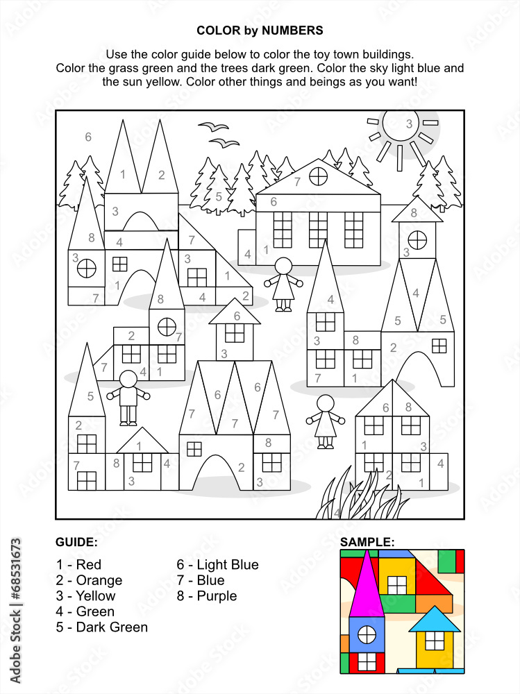 Color by numbers activity page - toy town