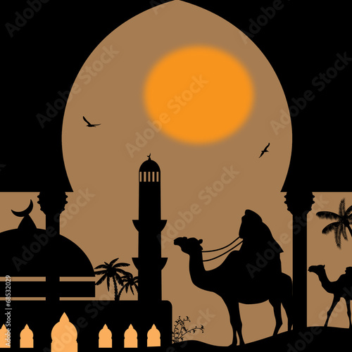 Orient landscape with bedouin and mosquee
