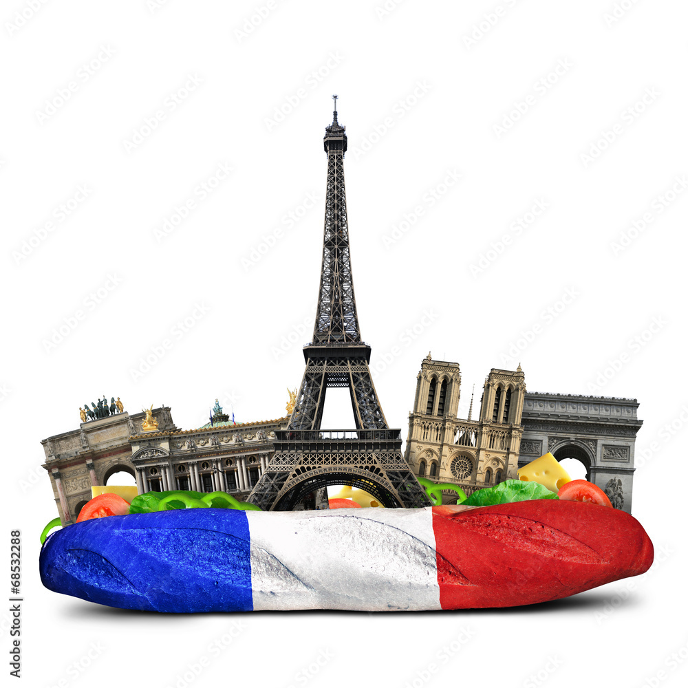 Fototapeta premium Paris landmarks, French baguette sandwich, funny collage