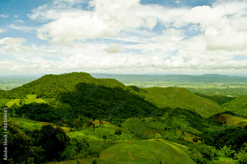 mountains green grass and blue sky landscape