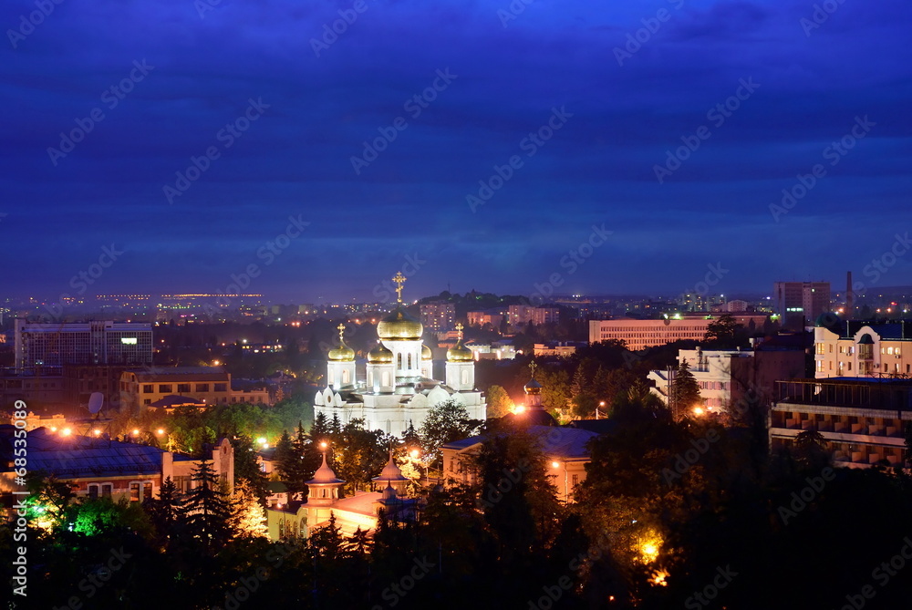 Russia. Pyatigorsk. View of the evening city and Savior Cathedra
