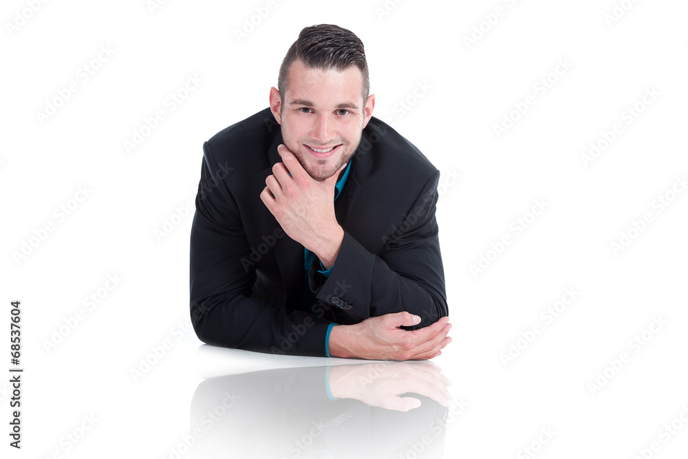 Businessmann freundlich an der Theke Porträt Businessmann freundlich an der Theke Porträt
