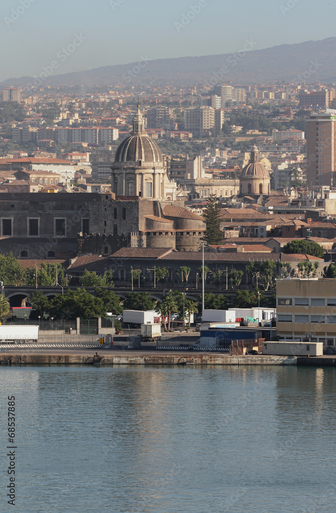 Port, cathedral and city. Catania, Sicily, Italy