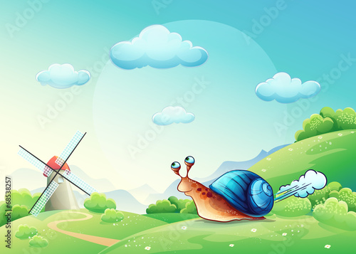 Illustration cheerful snail on a meadow
