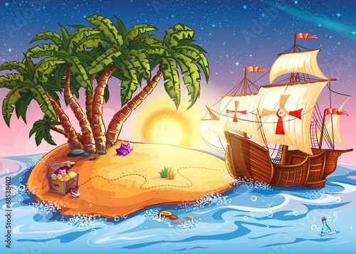 Illustration of Treasure Island with the ship caravel