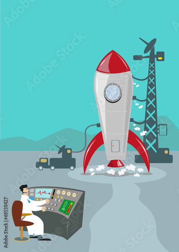 Retro Rocket Launching and Ground Control Scientist. Vector