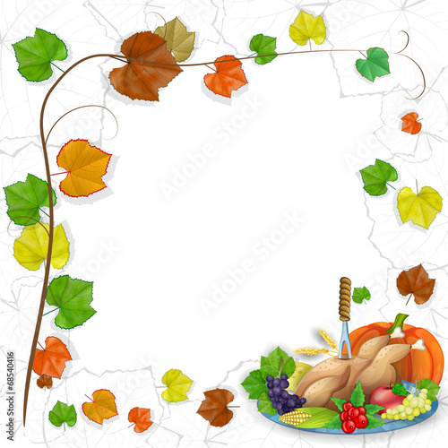 illustration of turkey, fruits and wine in Thanksgiving dinner