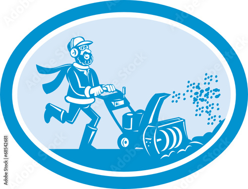 Man With Snow Blower Oval Cartoon