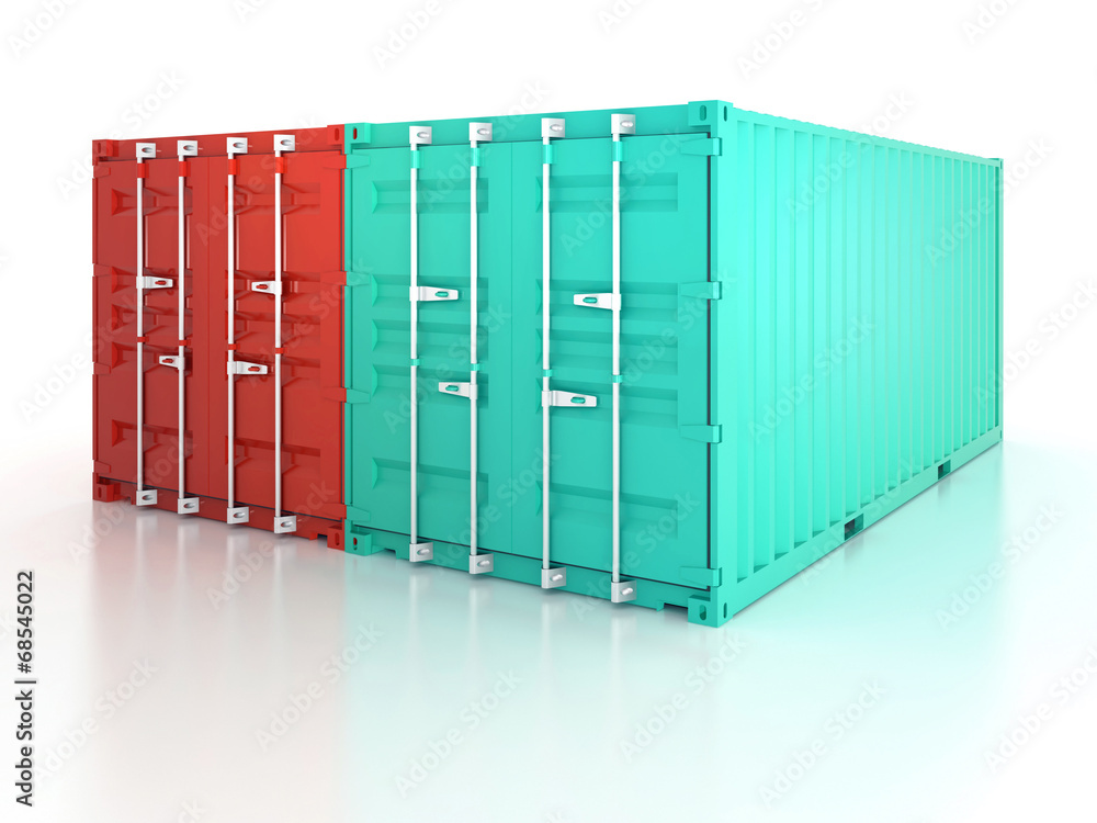 Bright red and blue metal freight shipping containers on white