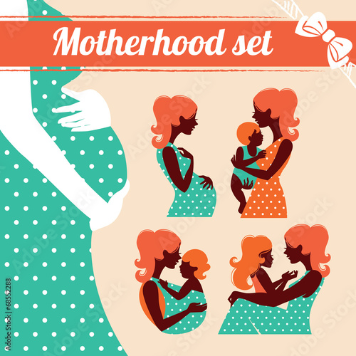 Motherhood set. Silhouettes of mother and baby