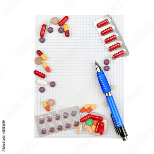 pills and prescription isolated on white background