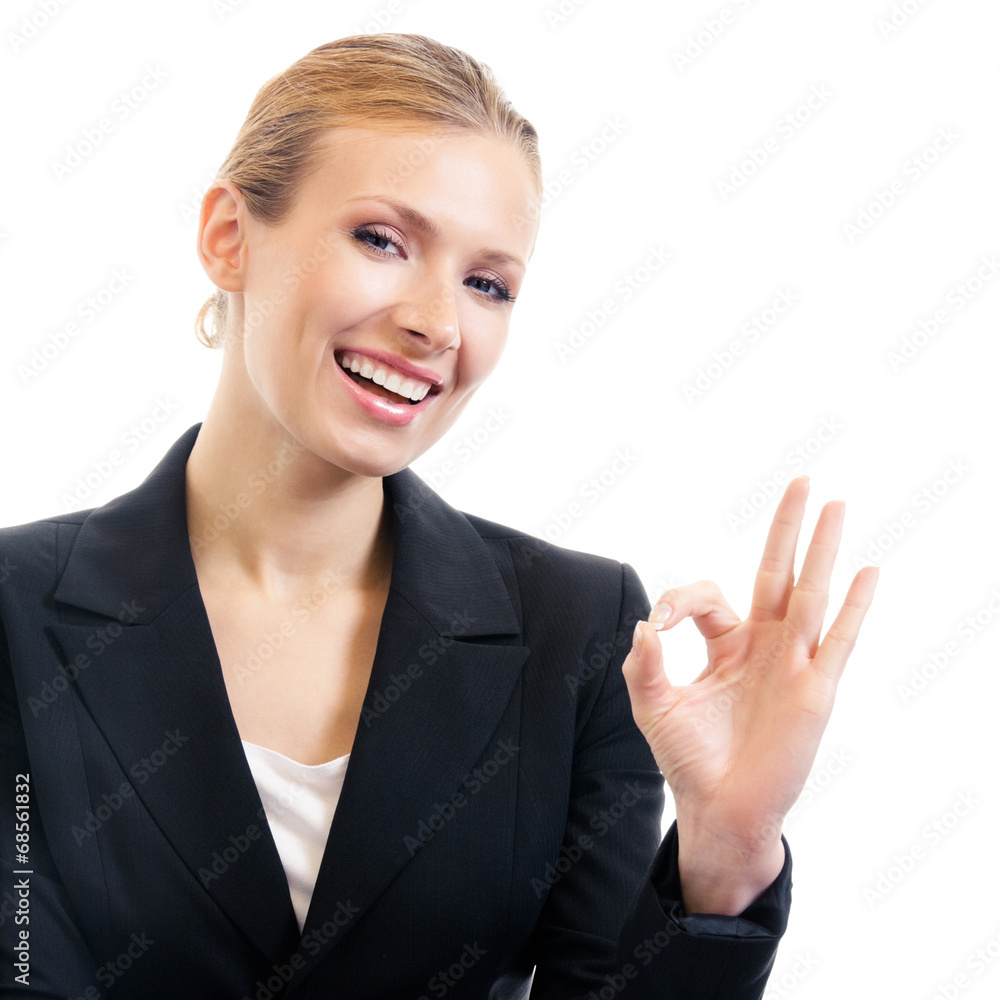 Businesswoman with okay gesture, isolated Businesswoman with okay gesture, isolated