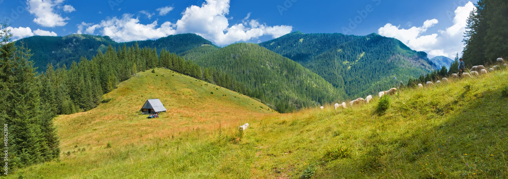 Panoramic view of the mountain clearing and highland hut