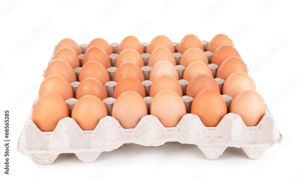 Eggs in paper tray isolated on white Eggs in paper tray isolated on white