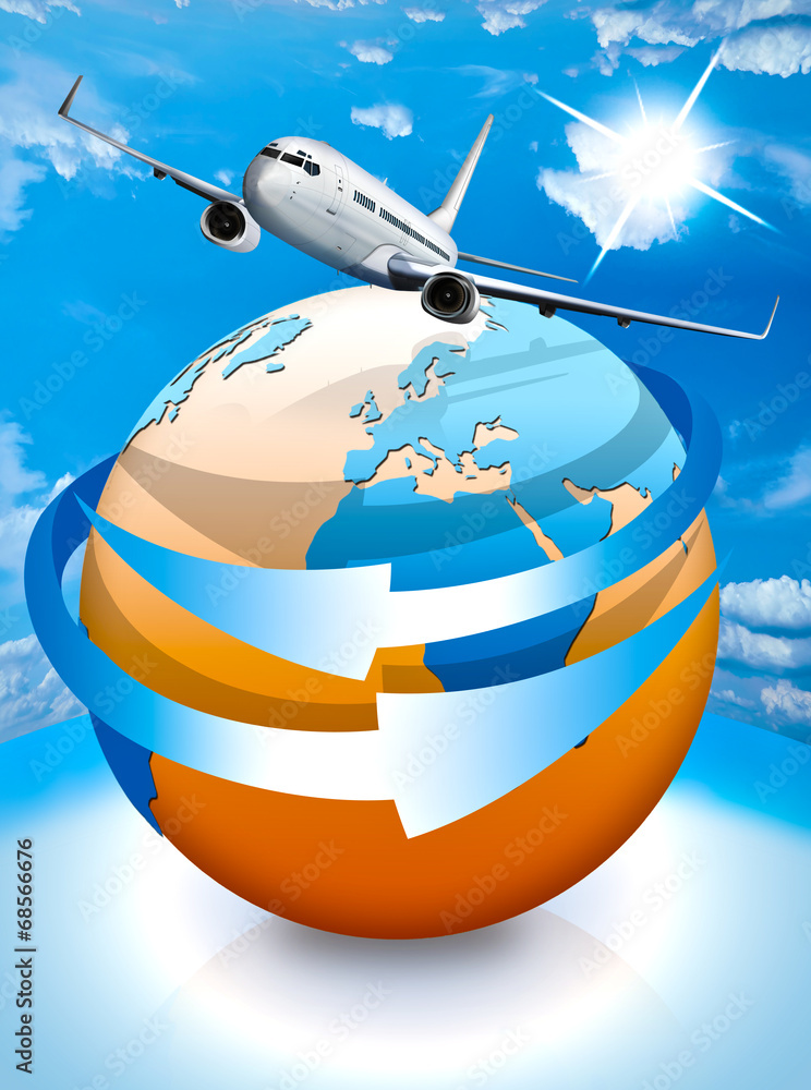 Flugzeug mit Globus und Richtungspfeilen Stock-Illustration | Adobe Stock