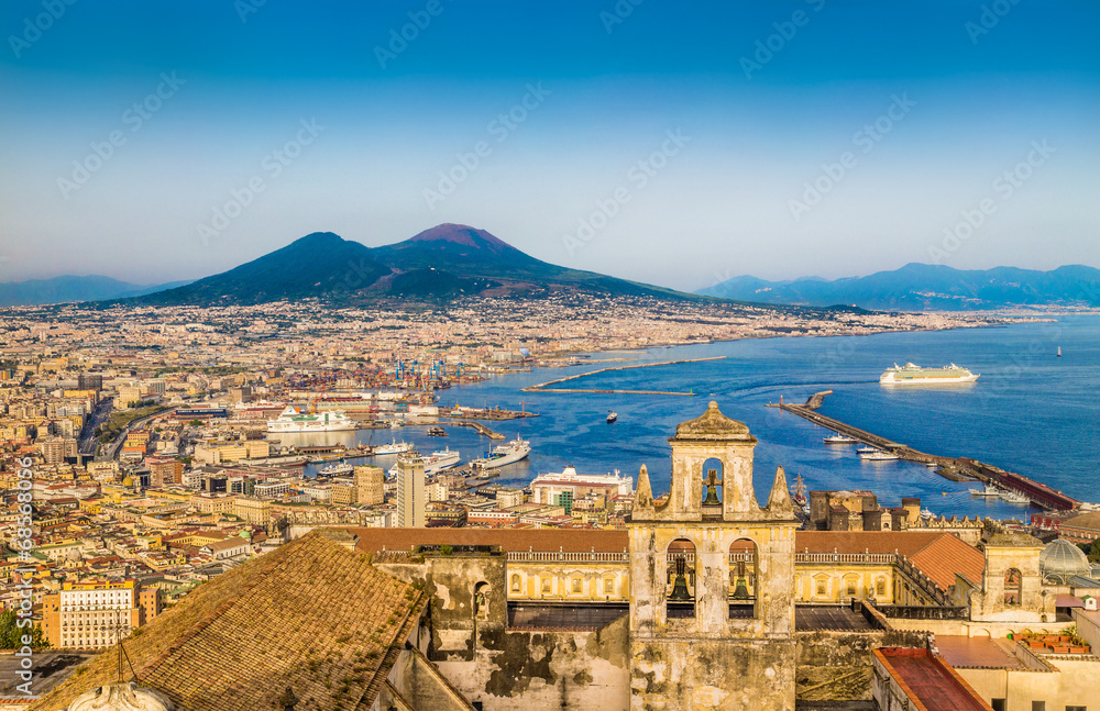 Fototapeta premium Aerial view of Naples (Napoli) with Mt Vesuvius at sunset, Italy