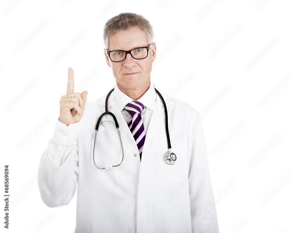 Serious Physician Showing Number One Hand Sign Serious Physician Showing Number One Hand Sign