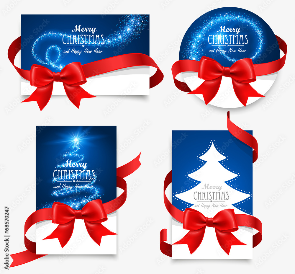 Gift cards with red bows - obrazy, fototapety, plakaty 