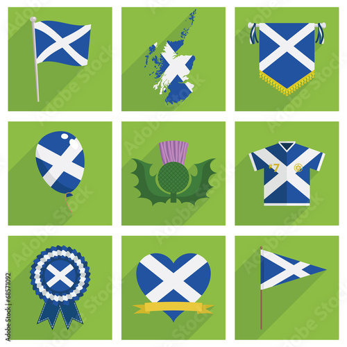 Scotland saltire flag icons vector clipart banners map thistle rosette on green squares isolated on white